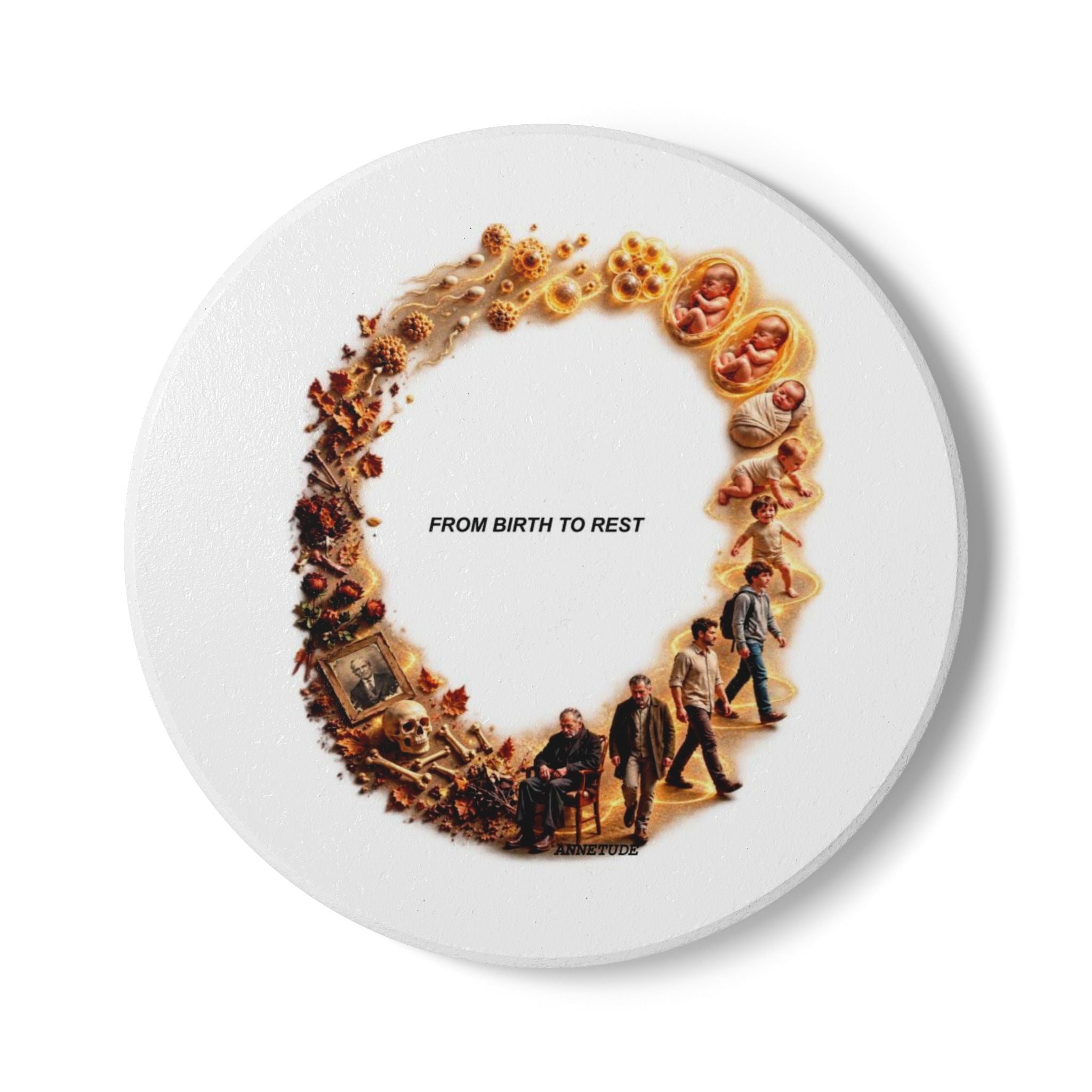 Ceramic Coaster — "From Birth to Rest" life journey illustration with cork backing