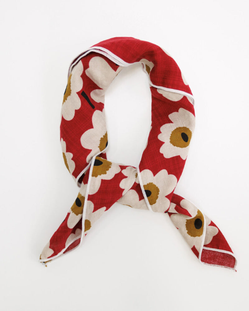 Essential Summer Scarf with large-scale cream floral print on a deep red field