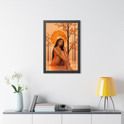 Framed Vertical Poster – Black Woman in Orange Sunset Art