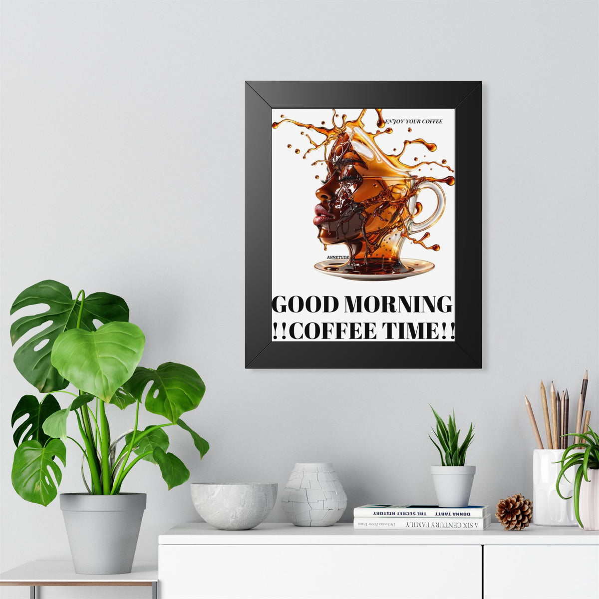 Coffee Splash Art Poster — 'Savor Your Coffee' Framed Vertical Print