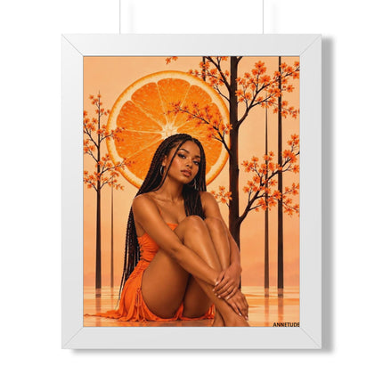 Framed Vertical Poster – Black Woman in Orange Sunset Art