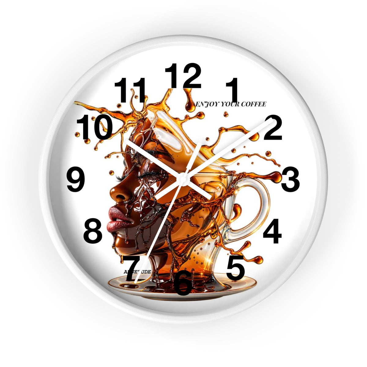 Coffee Splash Wall Clock — Artistic Afrocentric Brew Portrait ("Enjoy Your Coffee")
