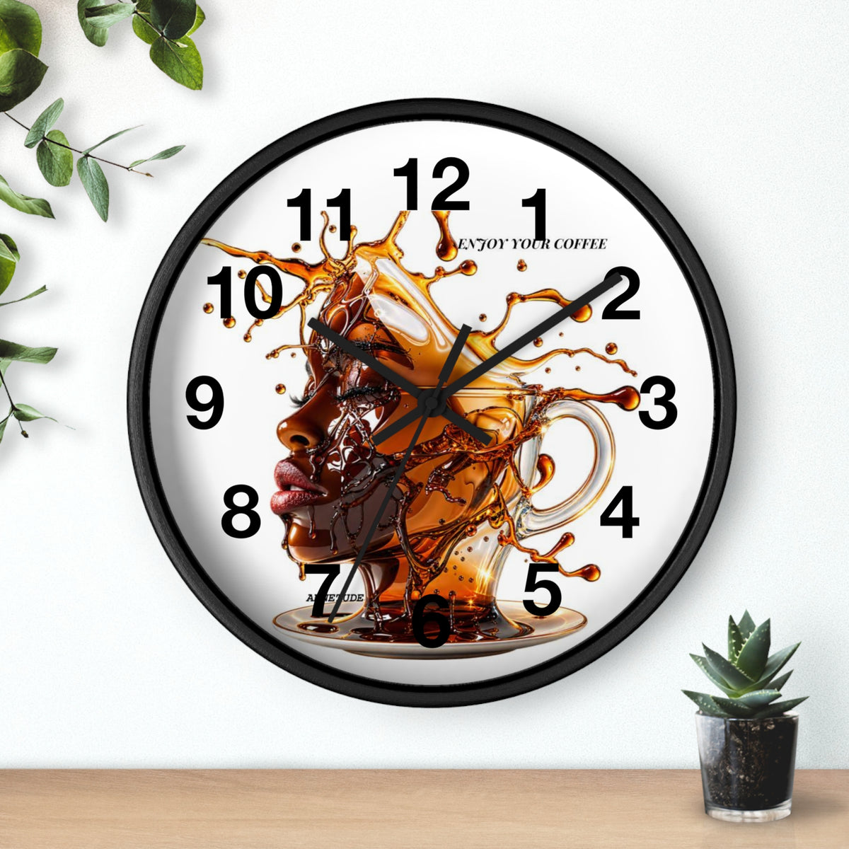 Coffee Splash Wall Clock — Artistic Afrocentric Brew Portrait ("Enjoy Your Coffee")