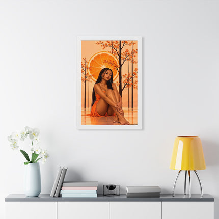 Framed Vertical Poster – Black Woman in Orange Sunset Art