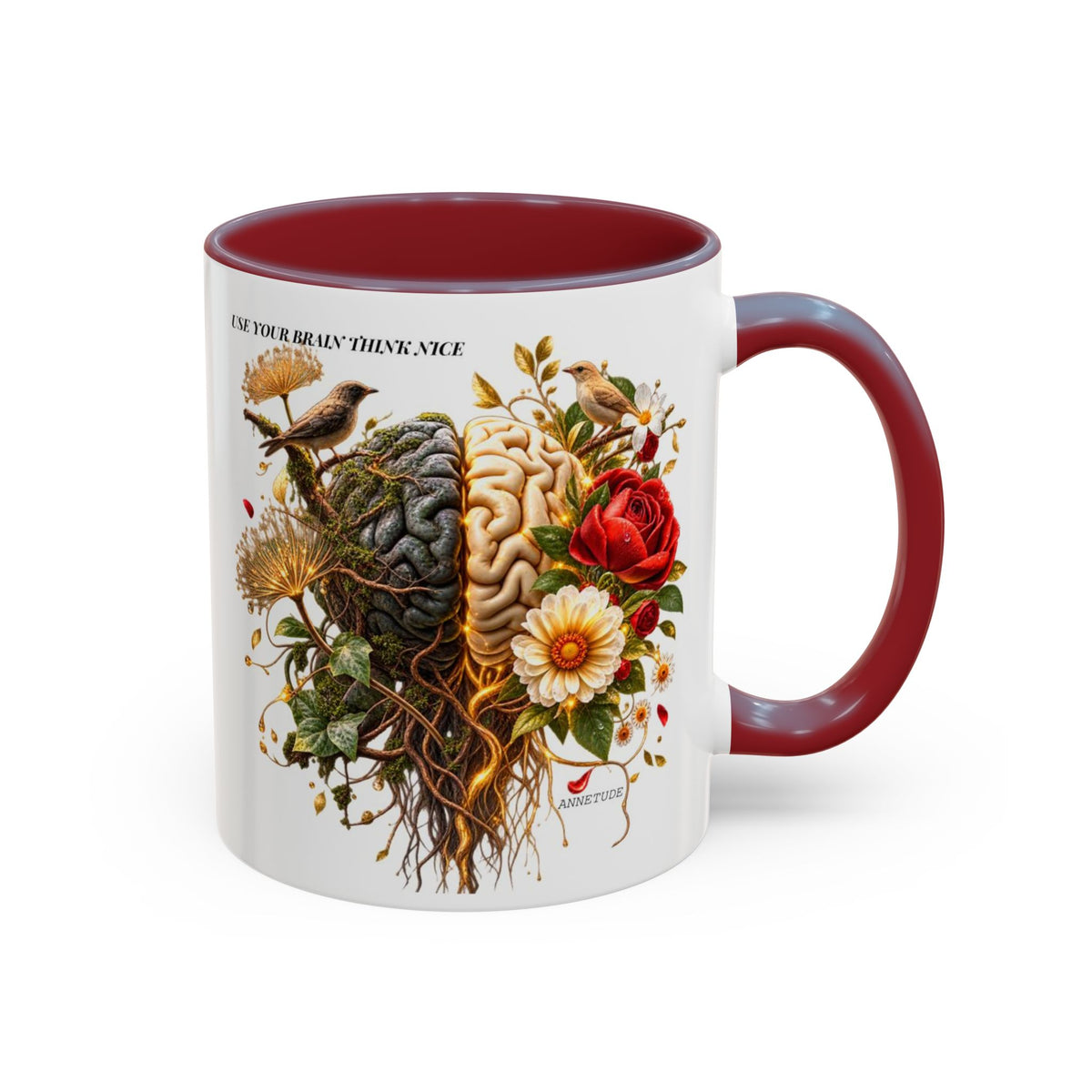 Brain & Heart Floral Accent Coffee Mug — 'Use Your Brain' Artistic 11/15oz Ceramic