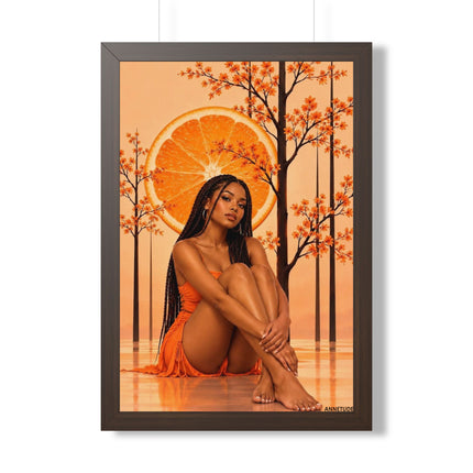 Framed Vertical Poster – Black Woman in Orange Sunset Art