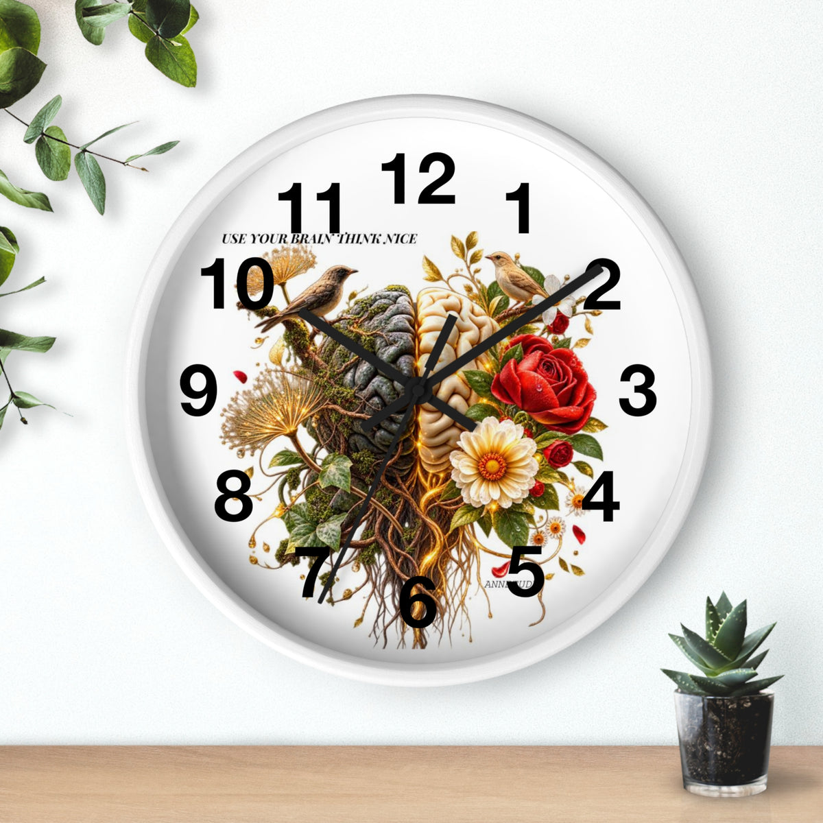 Botanical Brain Wall Clock — Floral & Anatomical Art Timepiece