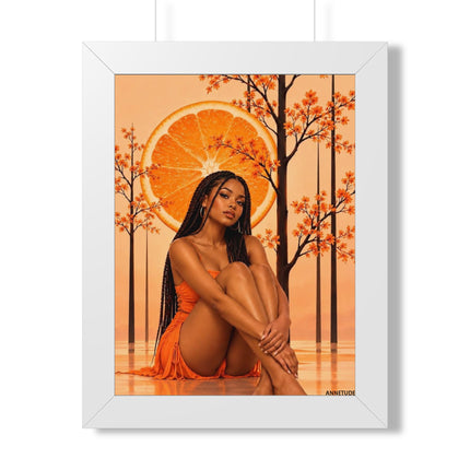 Framed Vertical Poster – Black Woman in Orange Sunset Art
