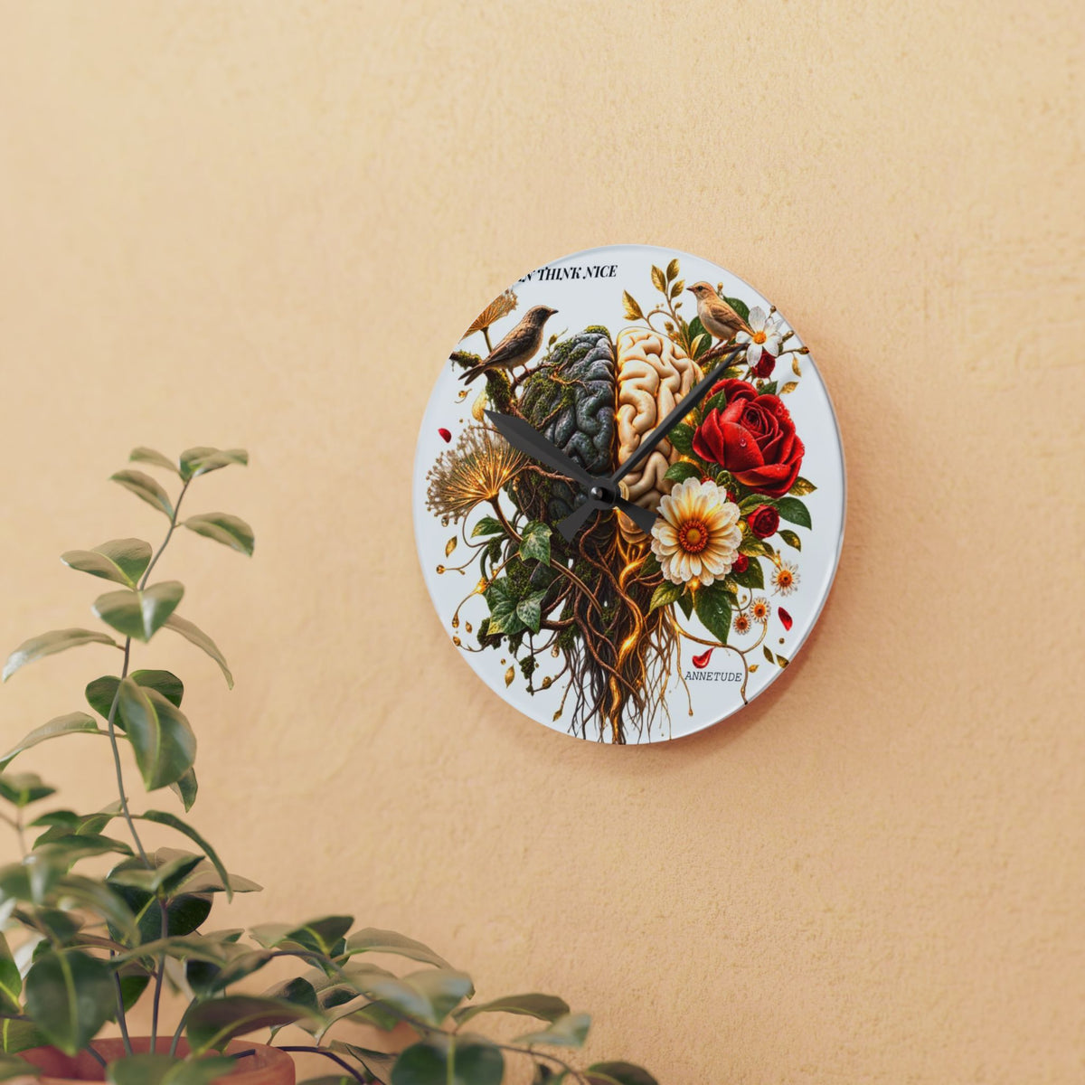 Acrylic Wall Clock — 'Use Your Brain' Floral Brain Art Clock