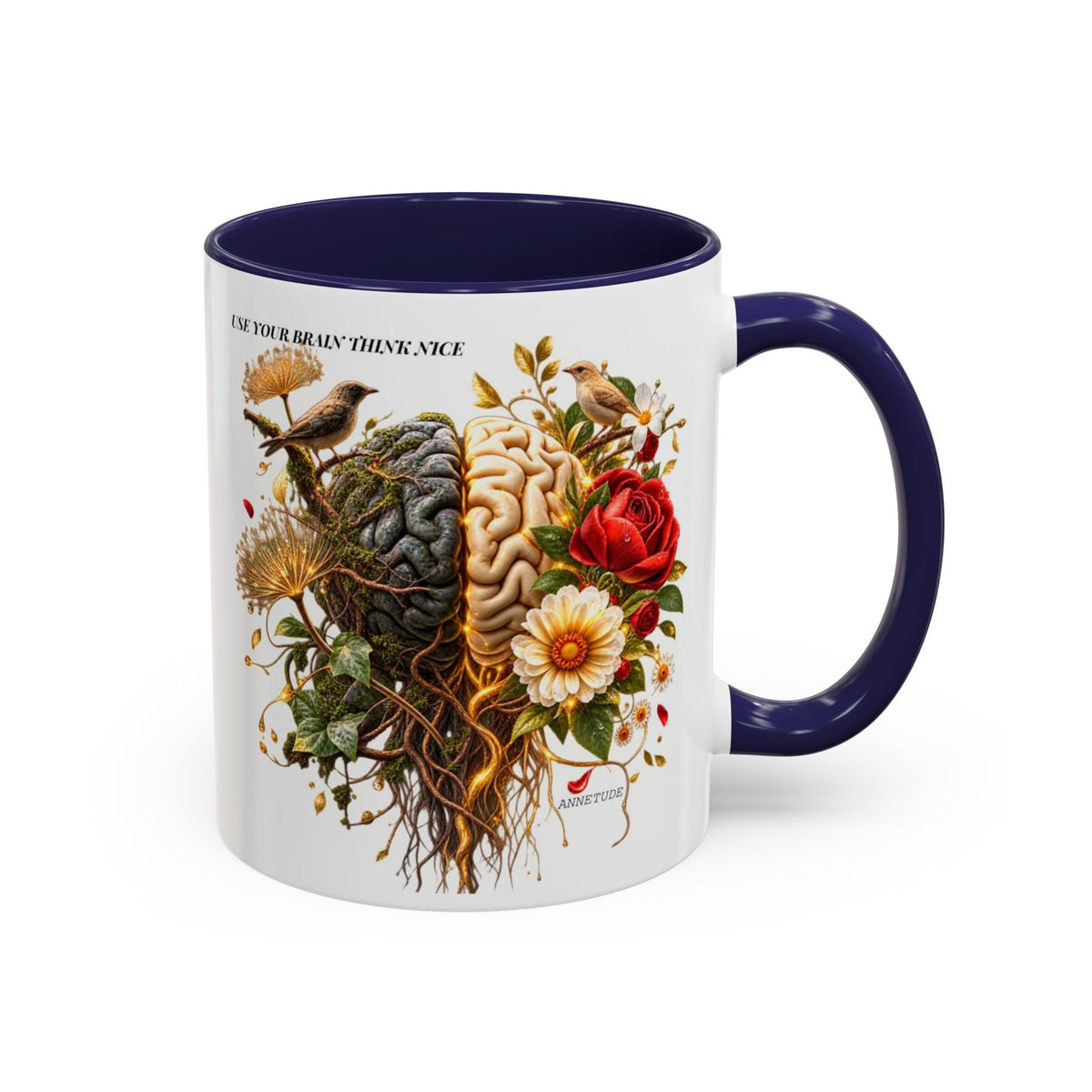 Brain & Heart Floral Accent Coffee Mug — 'Use Your Brain' Artistic 11/15oz Ceramic