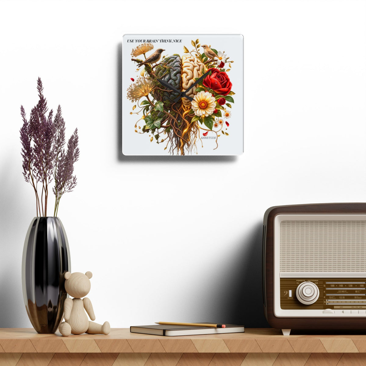 Acrylic Wall Clock — 'Use Your Brain' Floral Brain Art Clock