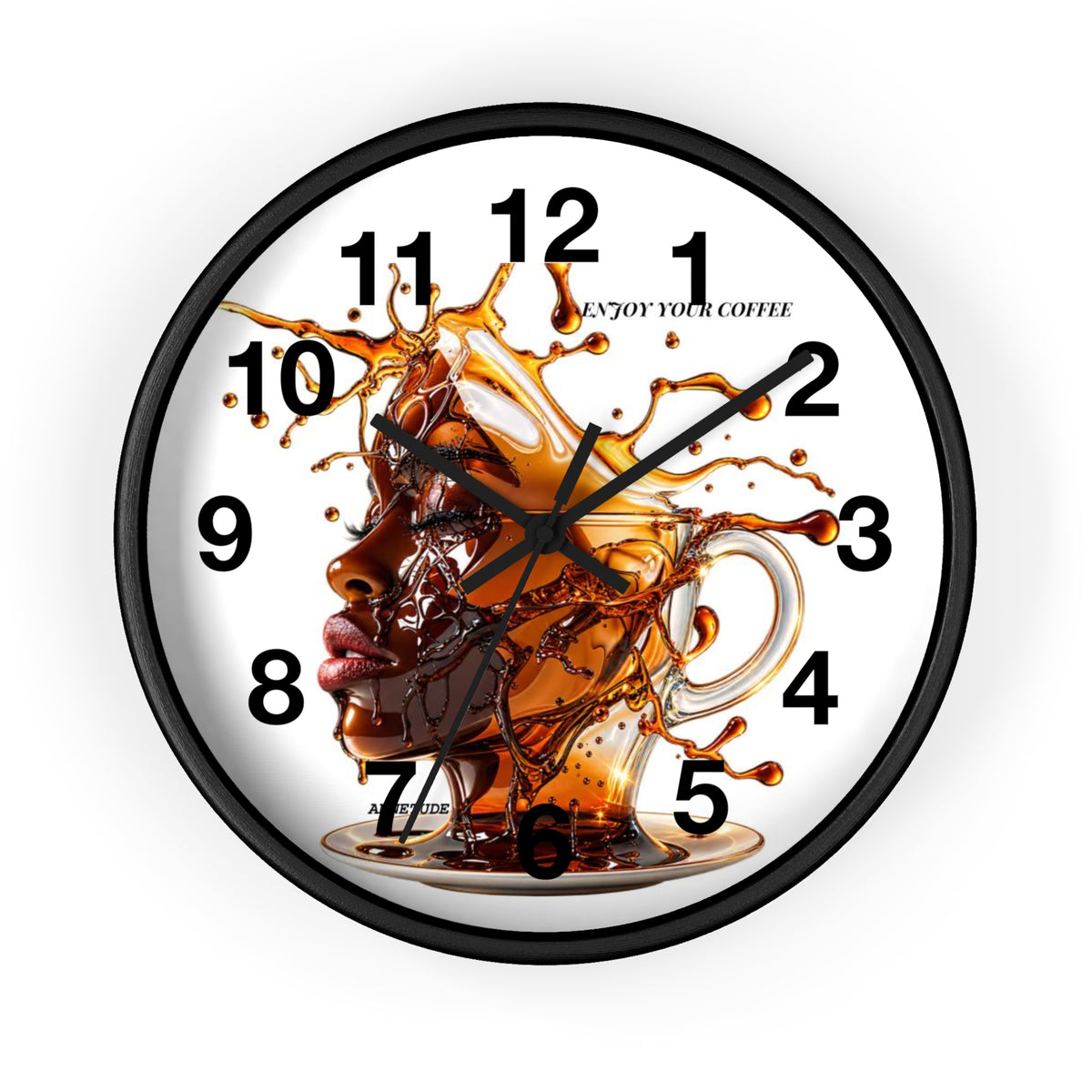 Coffee Splash Wall Clock — Artistic Afrocentric Brew Portrait ("Enjoy Your Coffee")