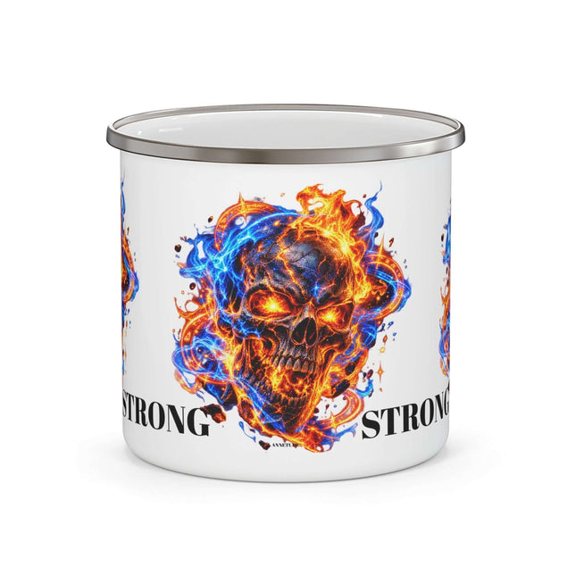 Flaming Skull Enamel Camping Mug — Bold Fire & Ice Skull Design