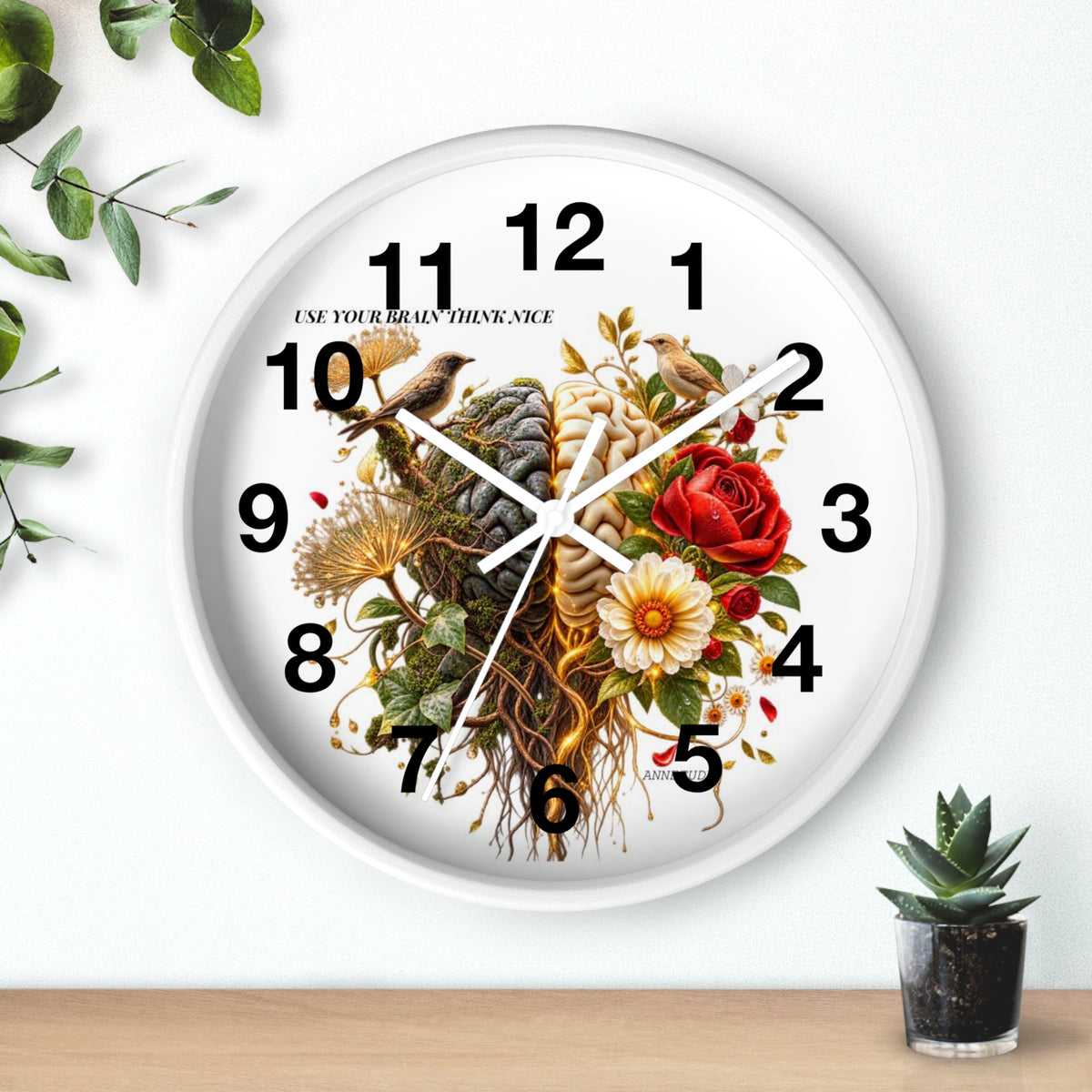 Botanical Brain Wall Clock — Floral & Anatomical Art Timepiece