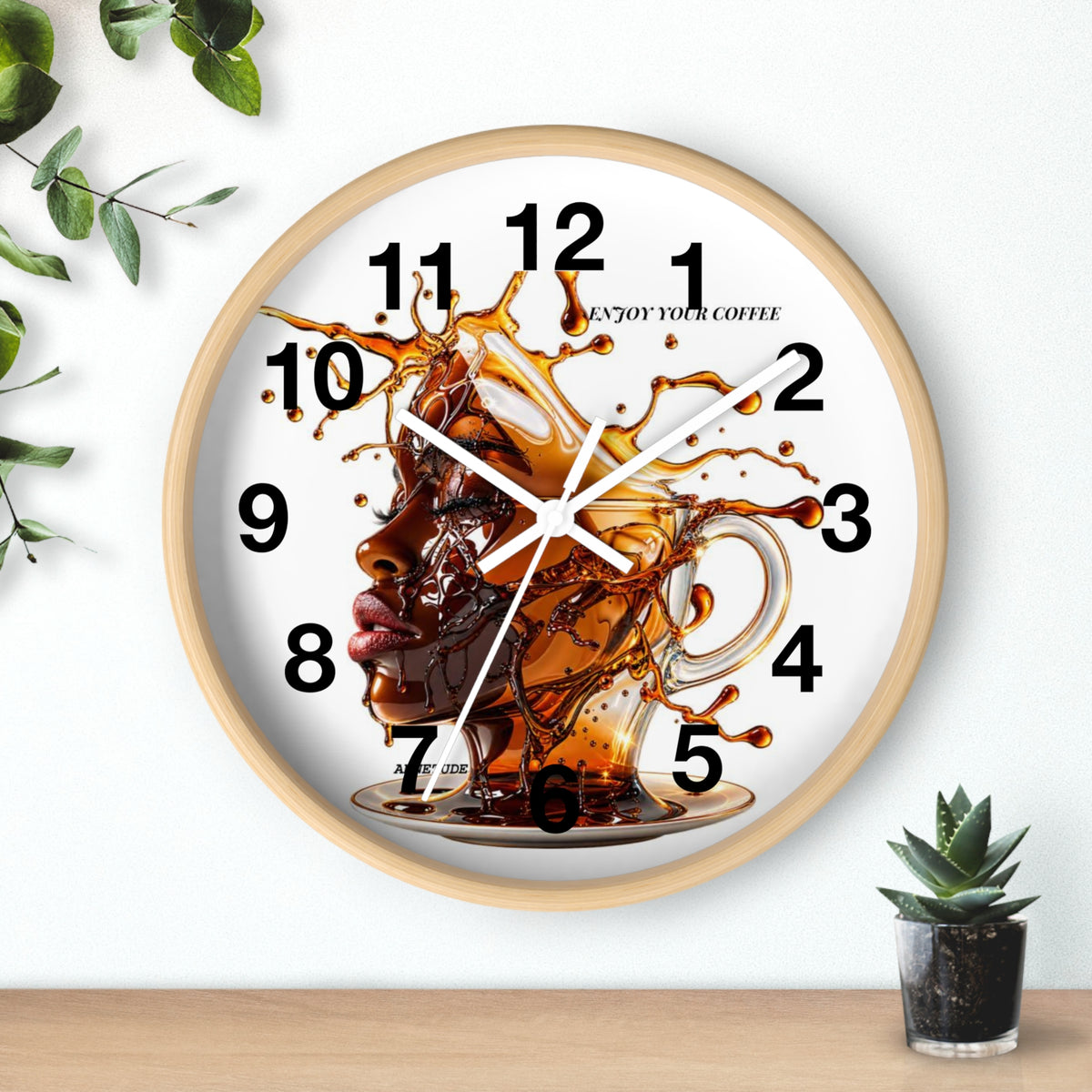 Coffee Splash Wall Clock — Artistic Afrocentric Brew Portrait ("Enjoy Your Coffee")