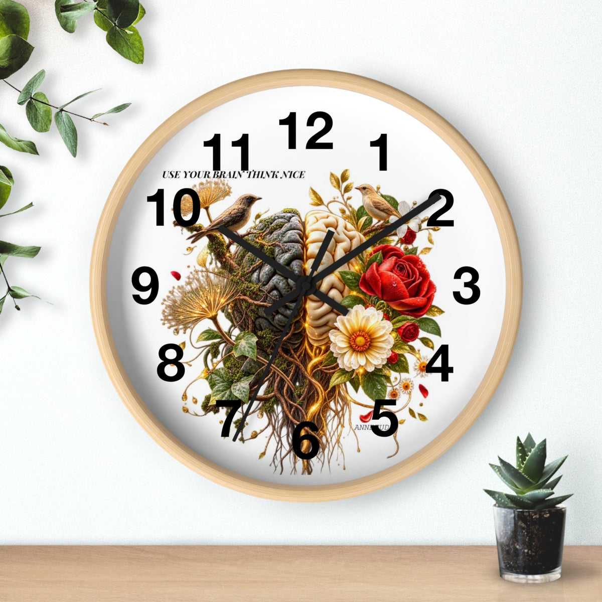 Botanical Brain Wall Clock — Floral & Anatomical Art Timepiece