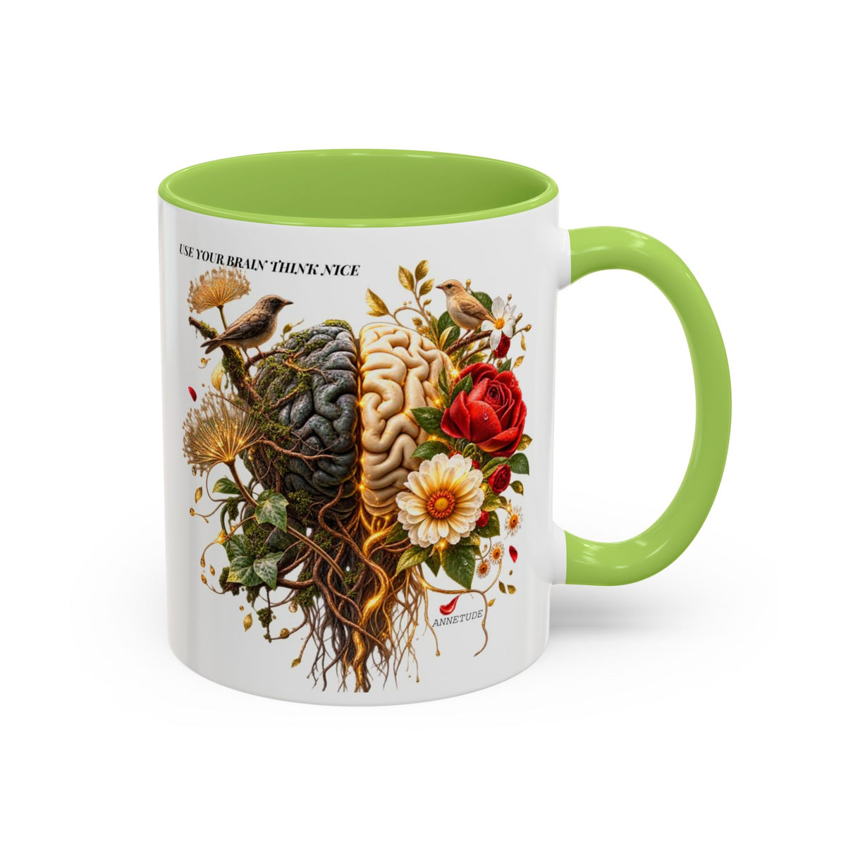 Brain & Heart Floral Accent Coffee Mug — 'Use Your Brain' Artistic 11/15oz Ceramic