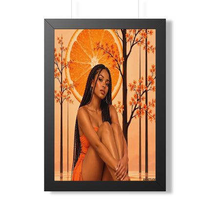 Framed Vertical Poster – Black Woman in Orange Sunset Art