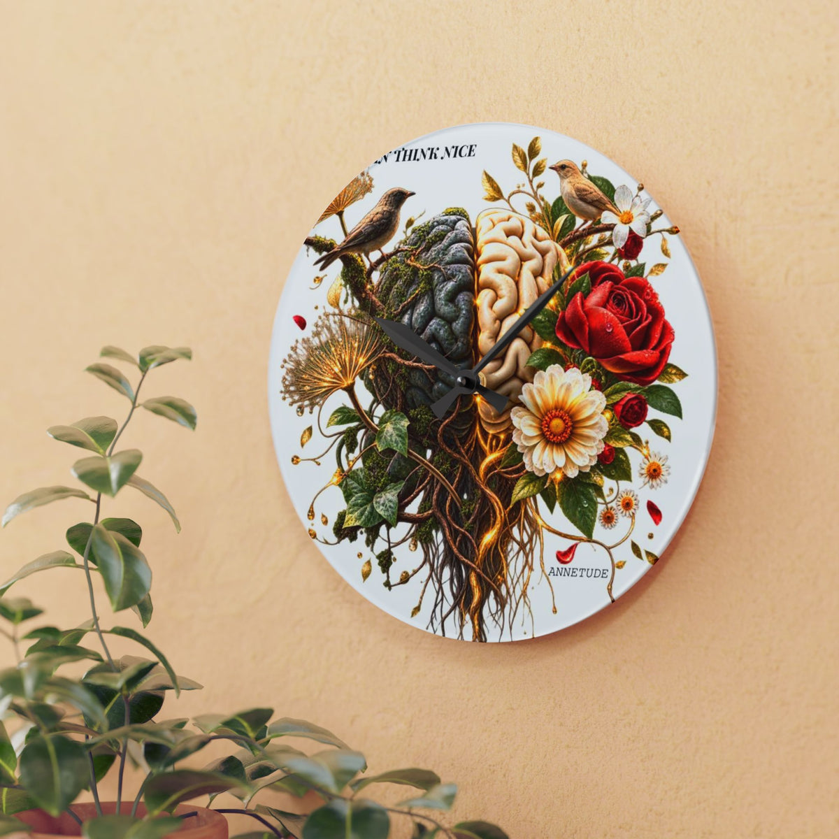 Acrylic Wall Clock — 'Use Your Brain' Floral Brain Art Clock