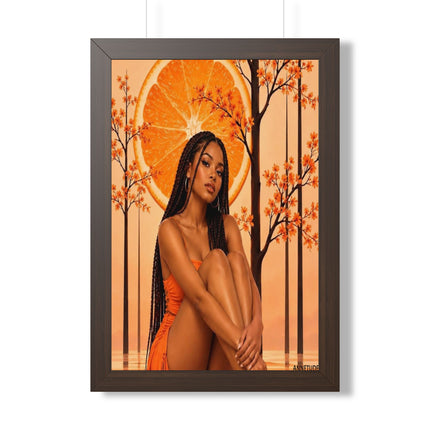 Framed Vertical Poster – Black Woman in Orange Sunset Art