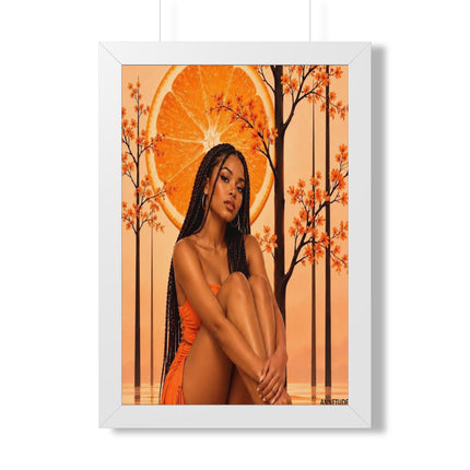 Framed Vertical Poster – Black Woman in Orange Sunset Art