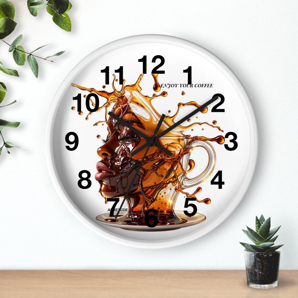 Coffee Splash Wall Clock — Artistic Afrocentric Brew Portrait ("Enjoy Your Coffee")
