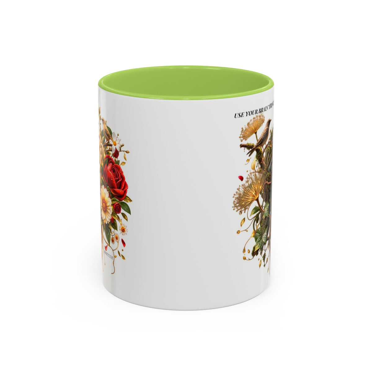 Brain & Heart Floral Accent Coffee Mug — 'Use Your Brain' Artistic 11/15oz Ceramic