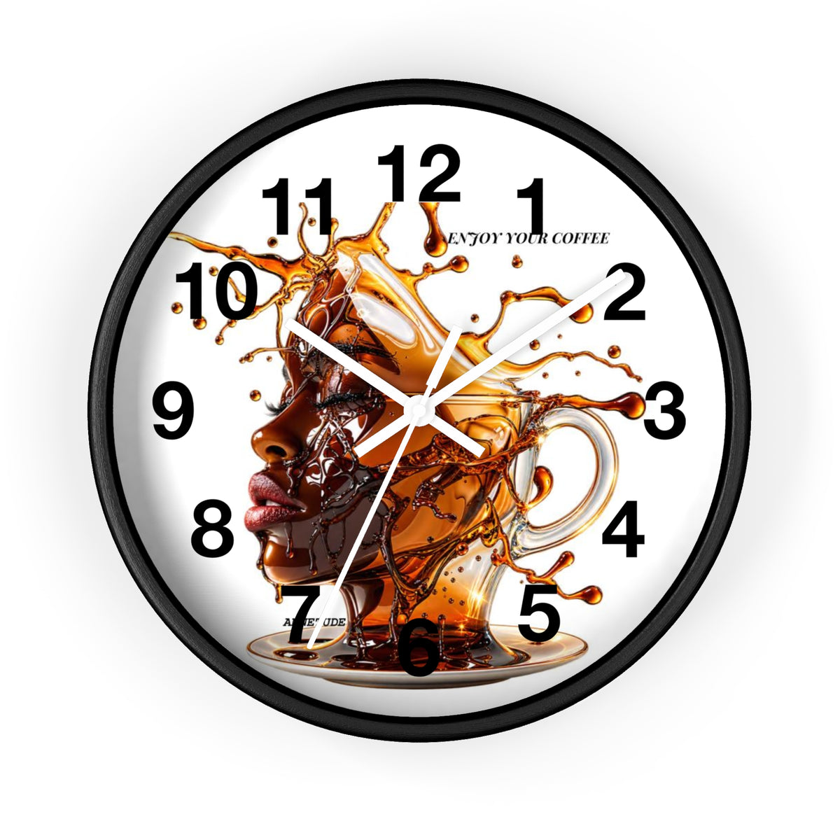 Coffee Splash Wall Clock — Artistic Afrocentric Brew Portrait ("Enjoy Your Coffee")