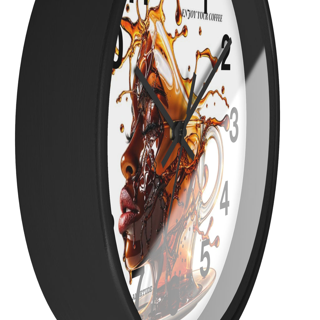 Coffee Splash Wall Clock — Artistic Afrocentric Brew Portrait ("Enjoy Your Coffee")