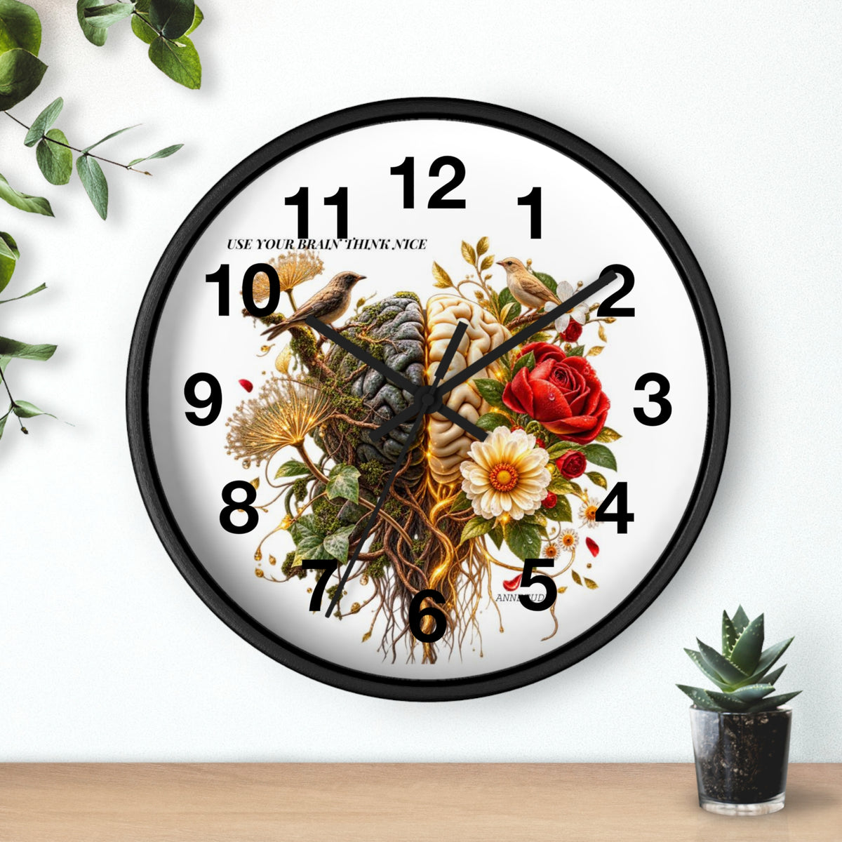 Botanical Brain Wall Clock — Floral & Anatomical Art Timepiece