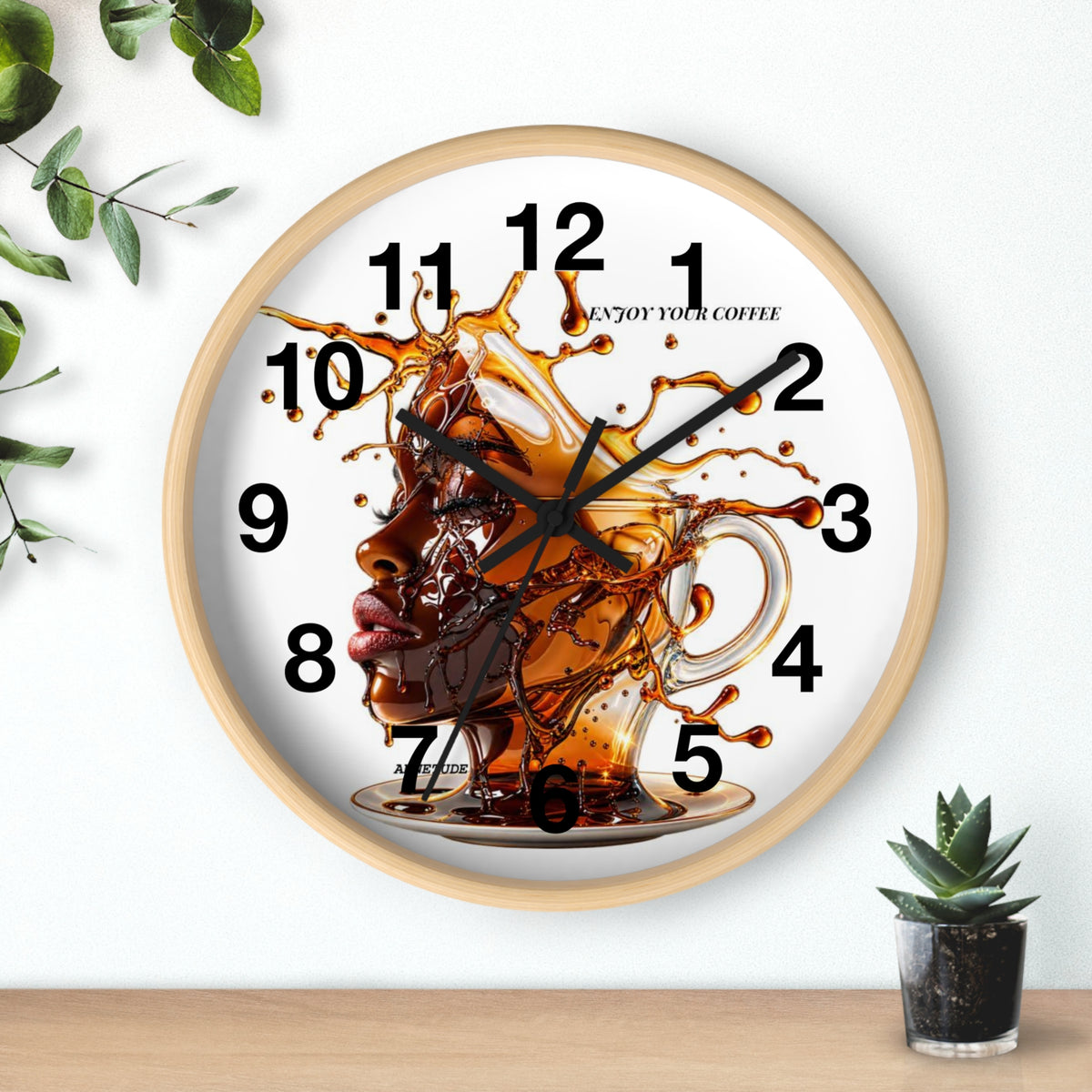 Coffee Splash Wall Clock — Artistic Afrocentric Brew Portrait ("Enjoy Your Coffee")