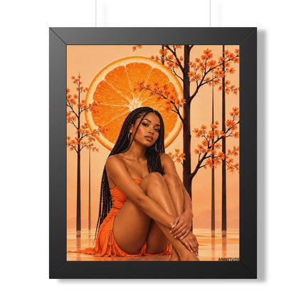 Framed Vertical Poster – Black Woman in Orange Sunset Art