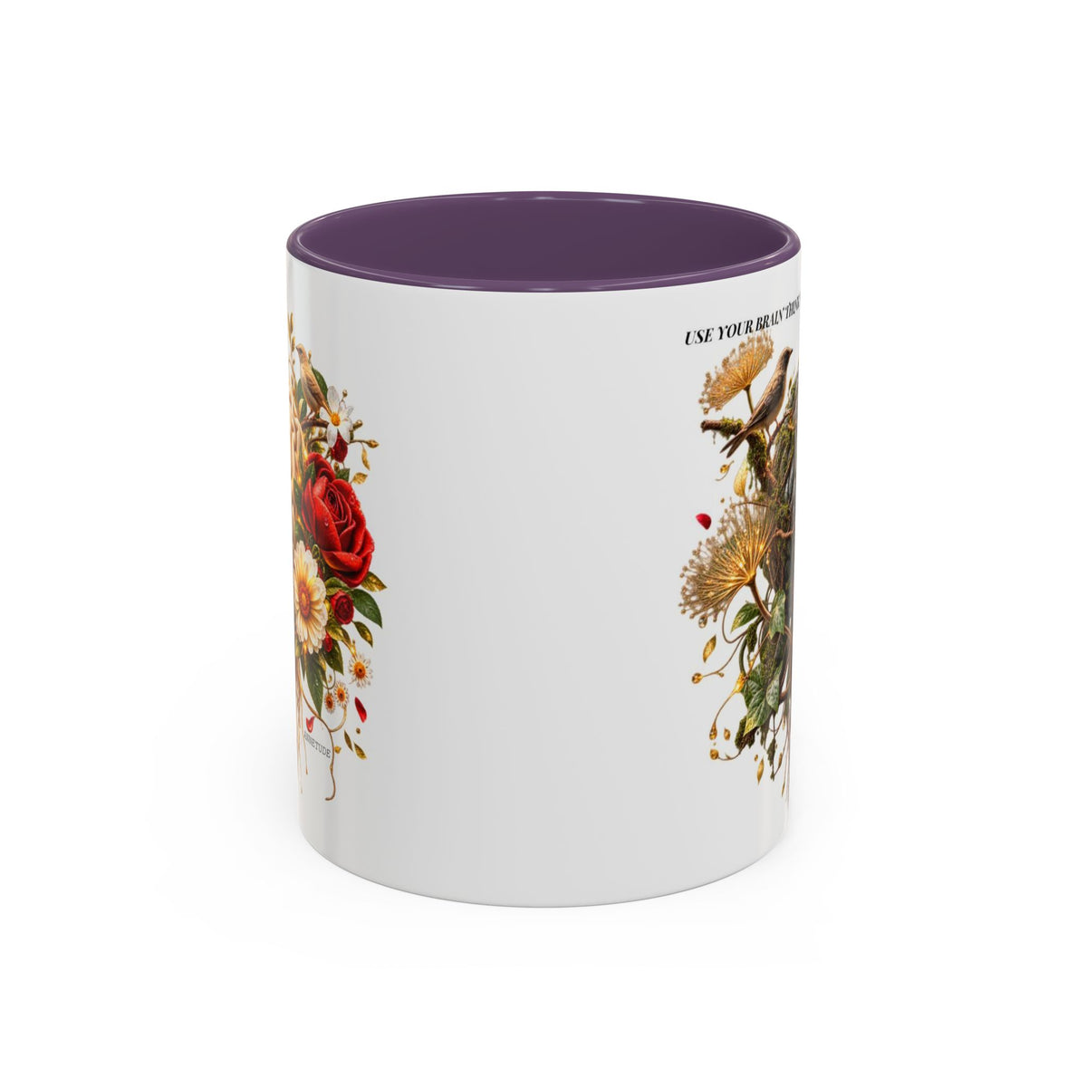 Brain & Heart Floral Accent Coffee Mug — 'Use Your Brain' Artistic 11/15oz Ceramic