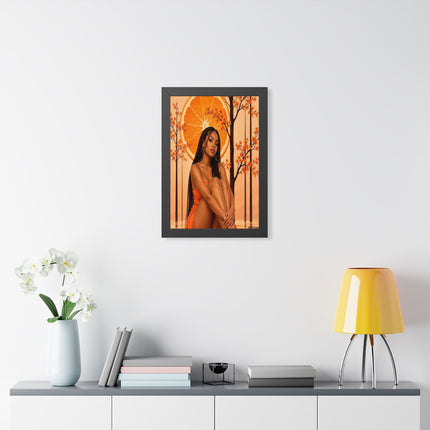 Framed Vertical Poster – Black Woman in Orange Sunset Art
