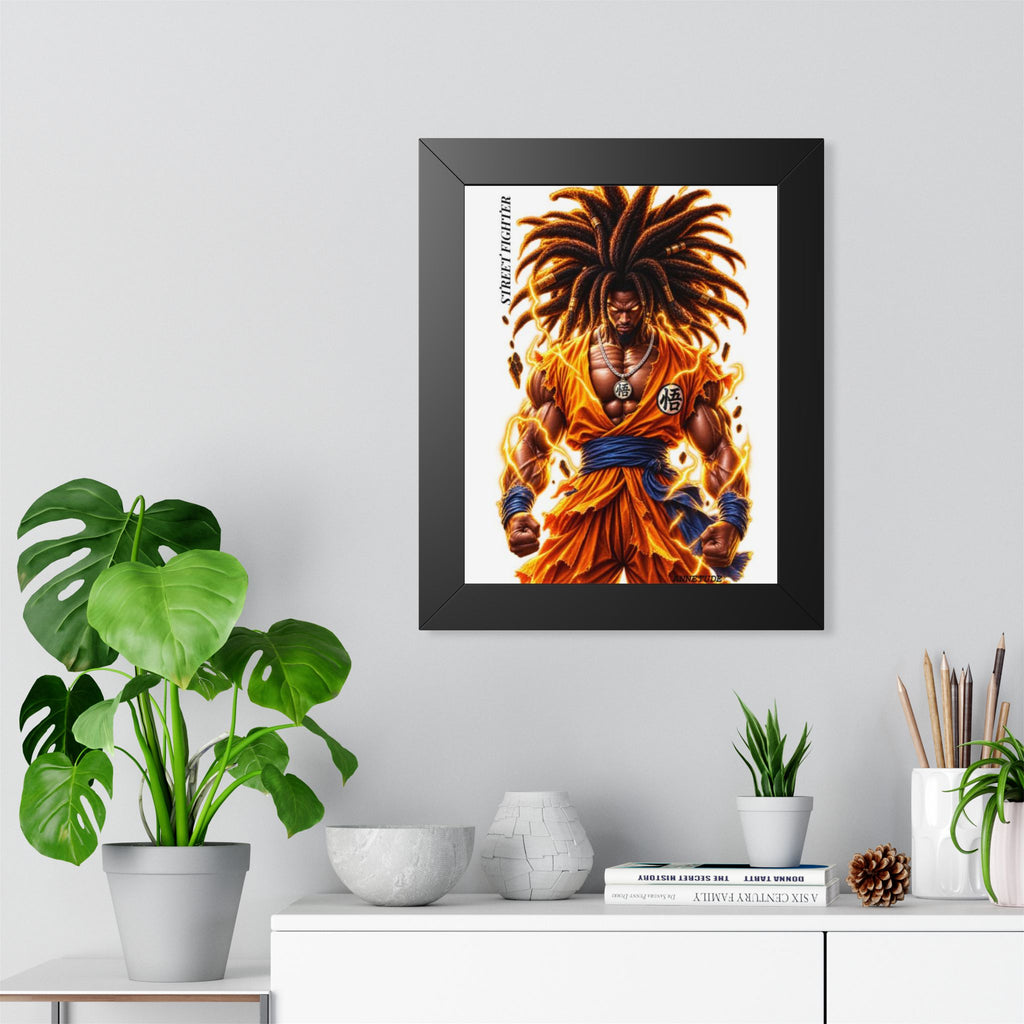 Framed Poster — Fiery Afro Warrior Anime Print