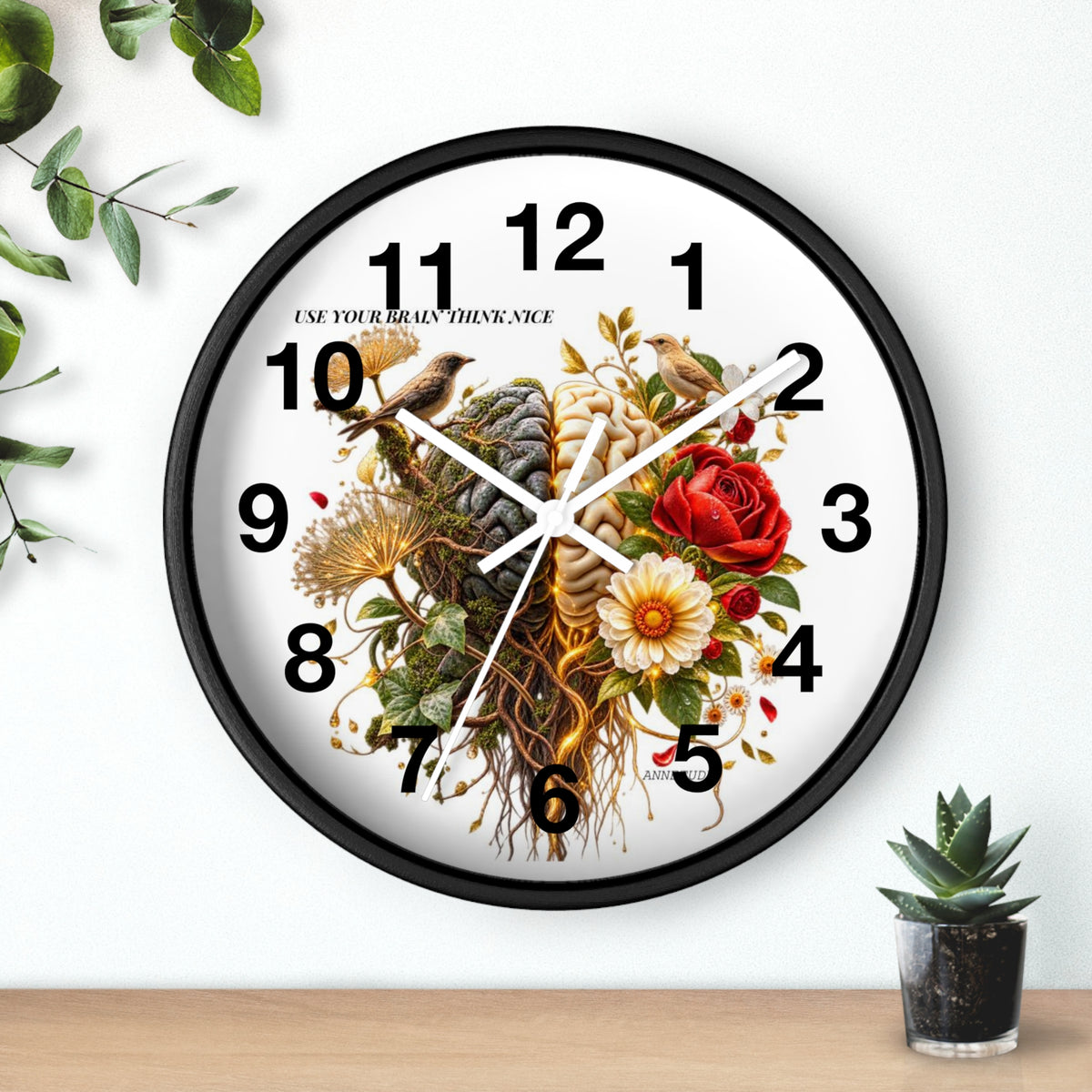 Botanical Brain Wall Clock — Floral & Anatomical Art Timepiece