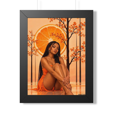 Framed Vertical Poster – Black Woman in Orange Sunset Art