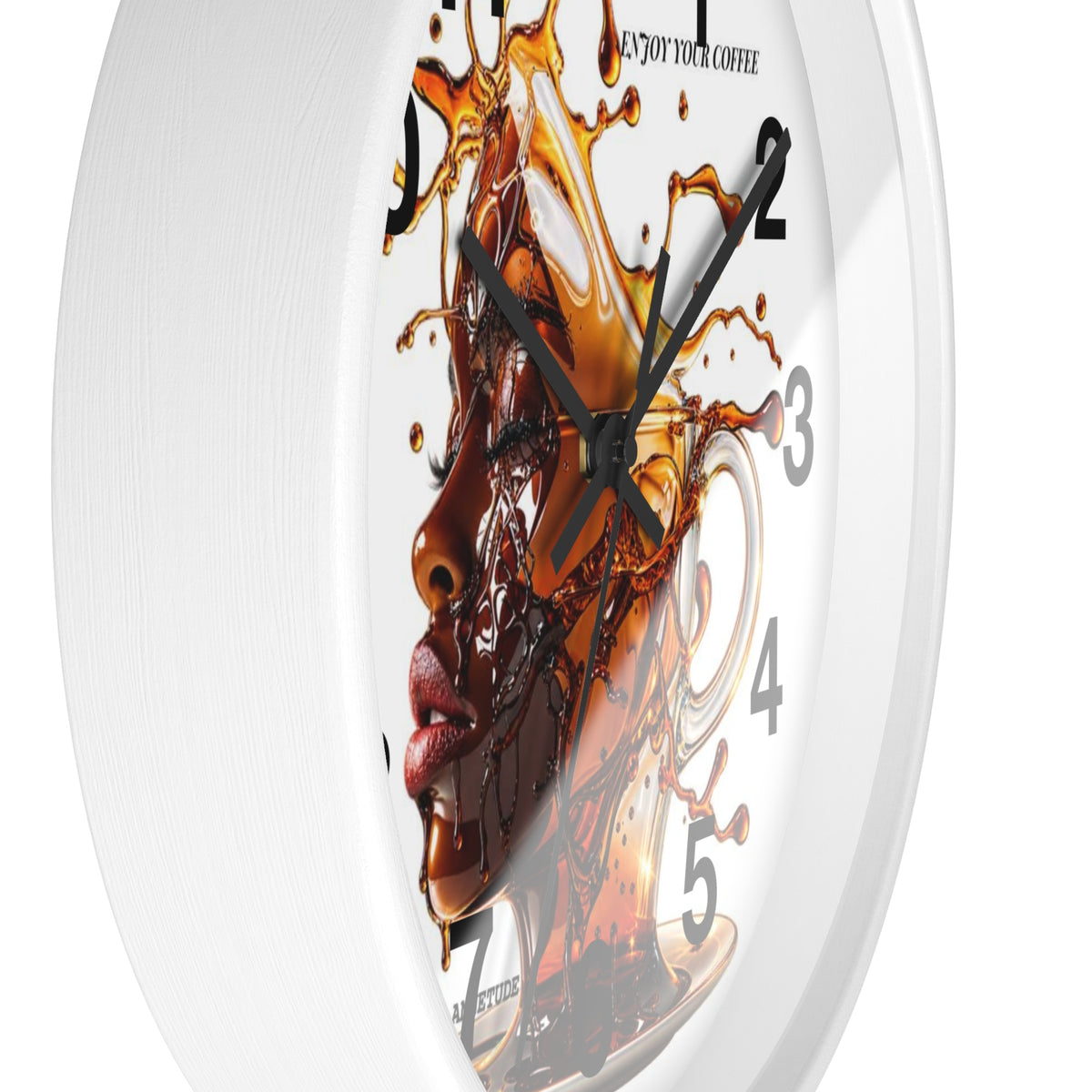 Coffee Splash Wall Clock — Artistic Afrocentric Brew Portrait ("Enjoy Your Coffee")