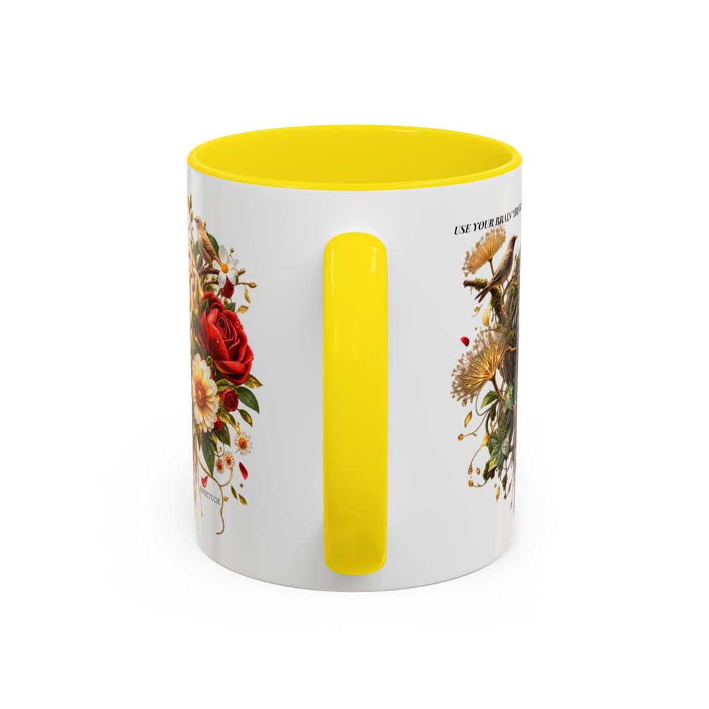 Brain & Heart Floral Accent Coffee Mug — 'Use Your Brain' Artistic 11/15oz Ceramic