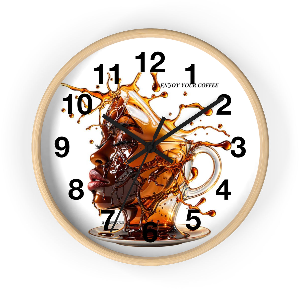 Coffee Splash Wall Clock — Artistic Afrocentric Brew Portrait ("Enjoy Your Coffee")