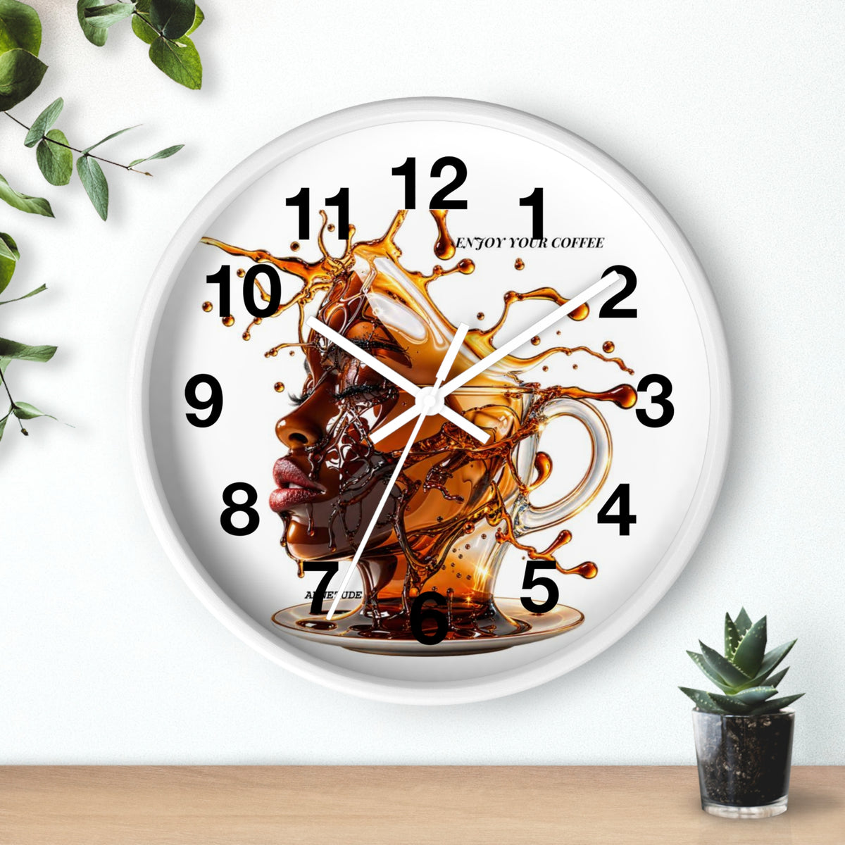 Coffee Splash Wall Clock — Artistic Afrocentric Brew Portrait ("Enjoy Your Coffee")
