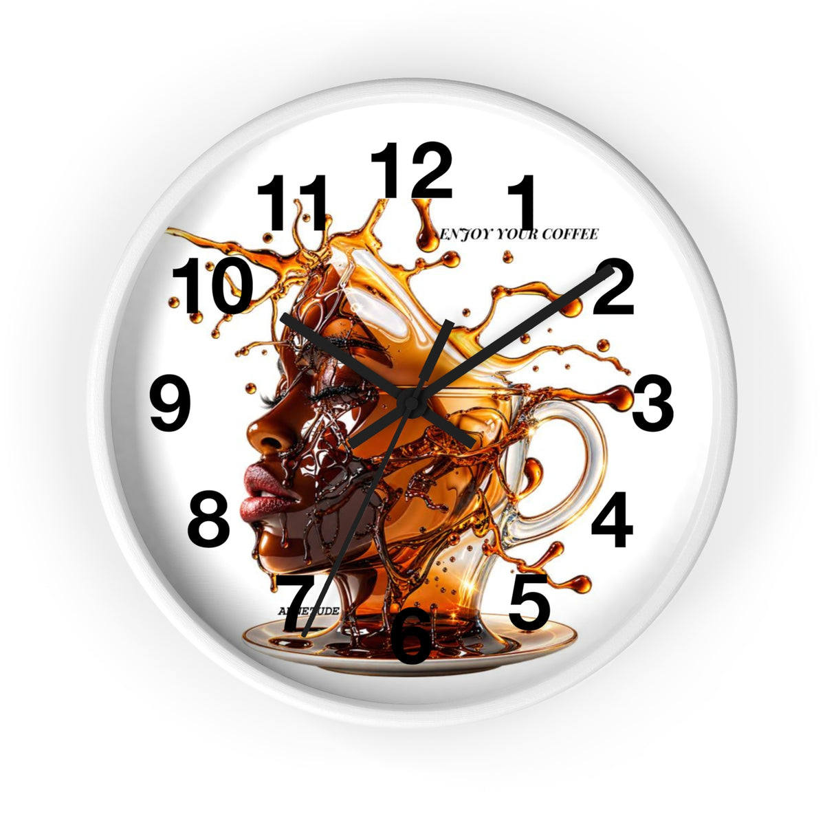 Coffee Splash Wall Clock — Artistic Afrocentric Brew Portrait ("Enjoy Your Coffee")