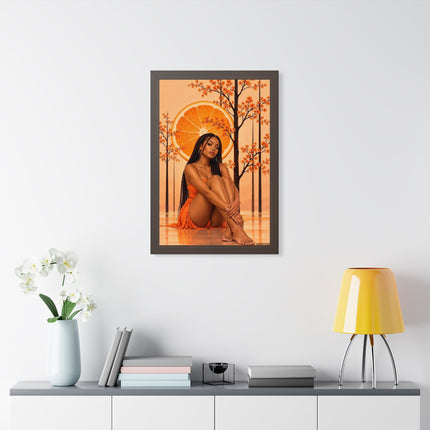 Framed Vertical Poster – Black Woman in Orange Sunset Art
