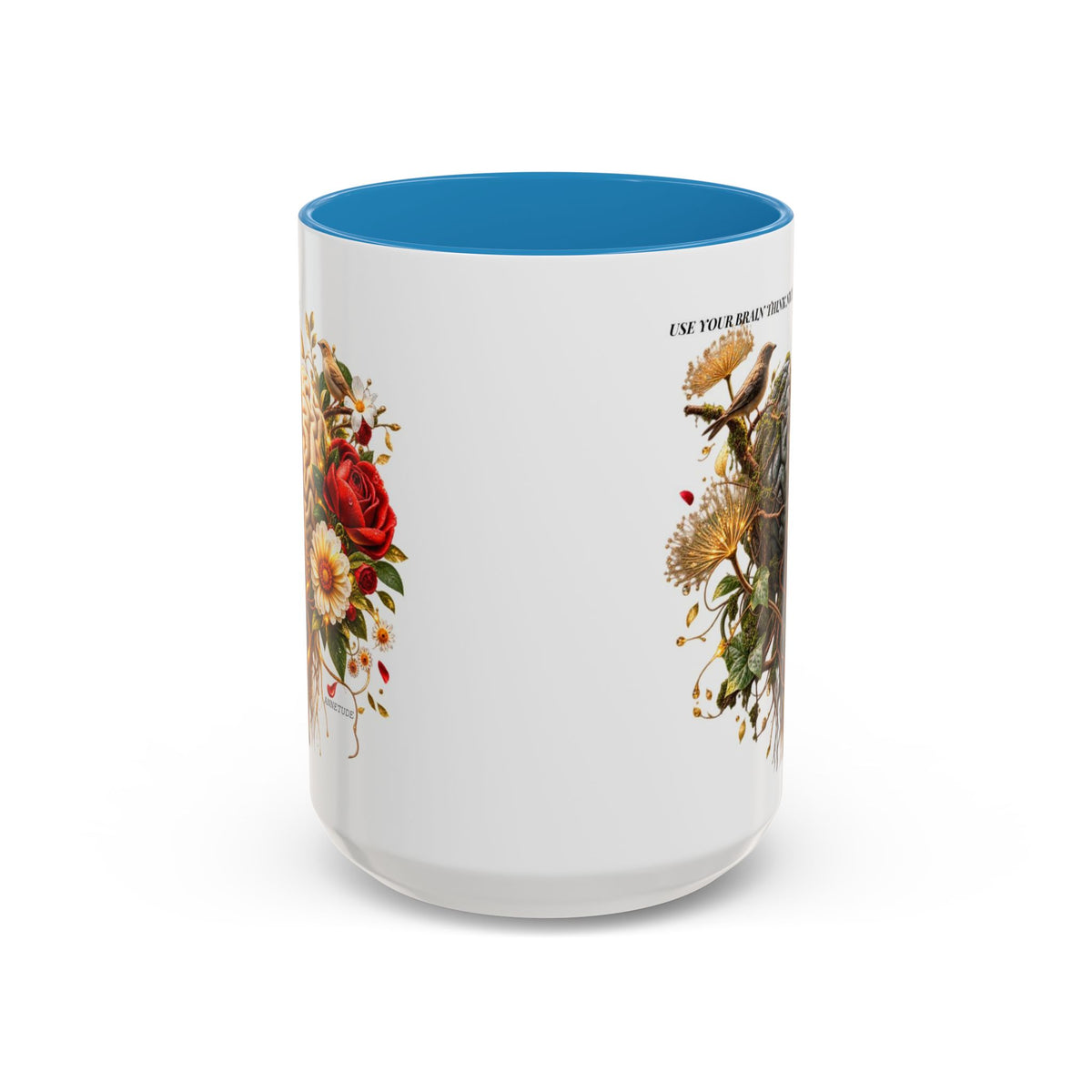 Brain & Heart Floral Accent Coffee Mug — 'Use Your Brain' Artistic 11/15oz Ceramic
