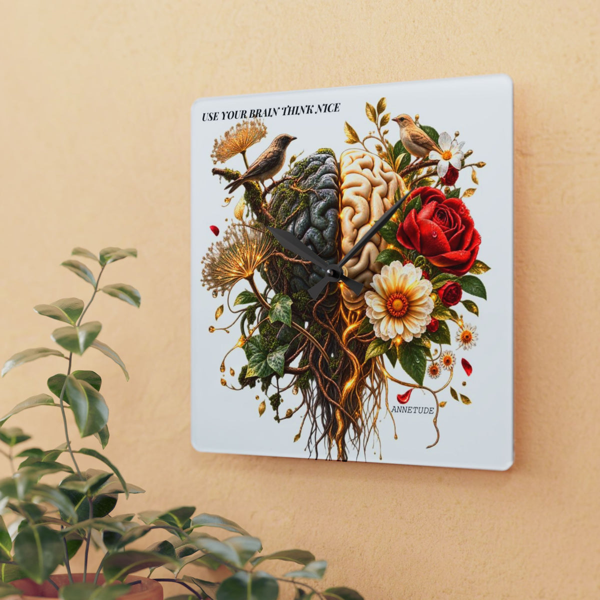 Acrylic Wall Clock — 'Use Your Brain' Floral Brain Art Clock