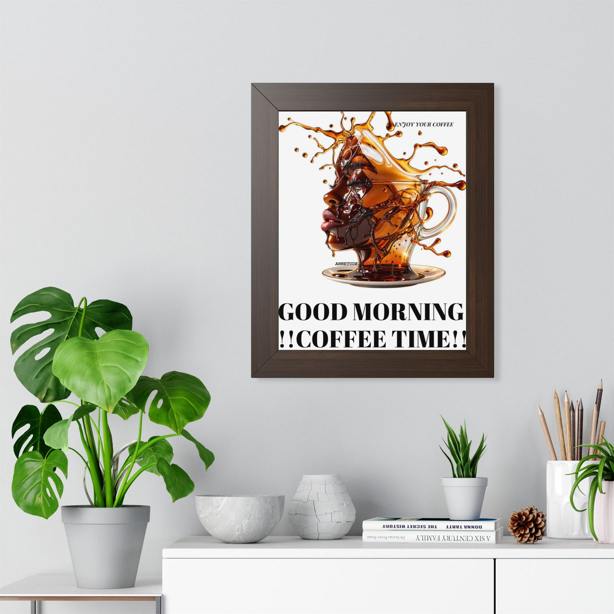 Coffee Splash Art Poster — 'Savor Your Coffee' Framed Vertical Print