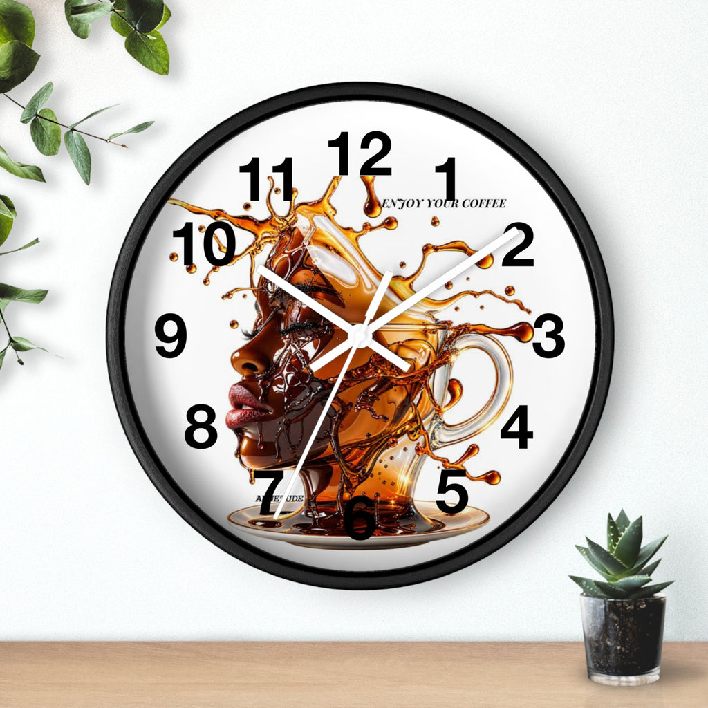 Coffee Splash Wall Clock — Artistic Afrocentric Brew Portrait ("Enjoy Your Coffee")