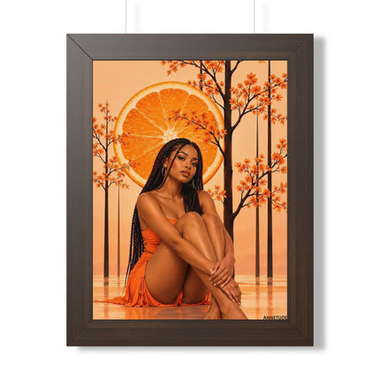 Framed Vertical Poster – Black Woman in Orange Sunset Art