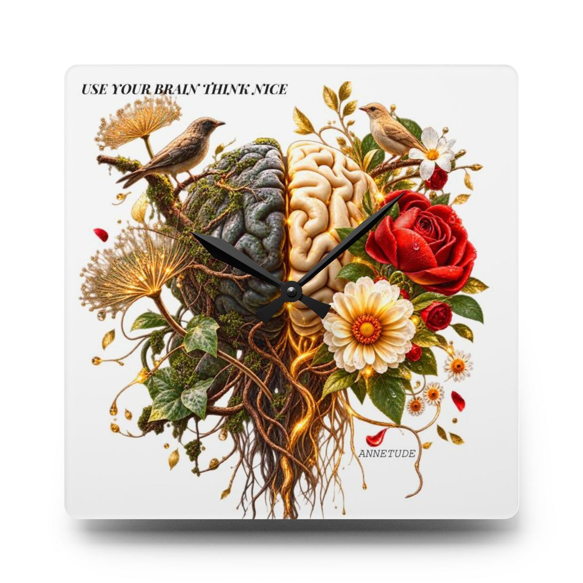 Acrylic Wall Clock — 'Use Your Brain' Floral Brain Art Clock